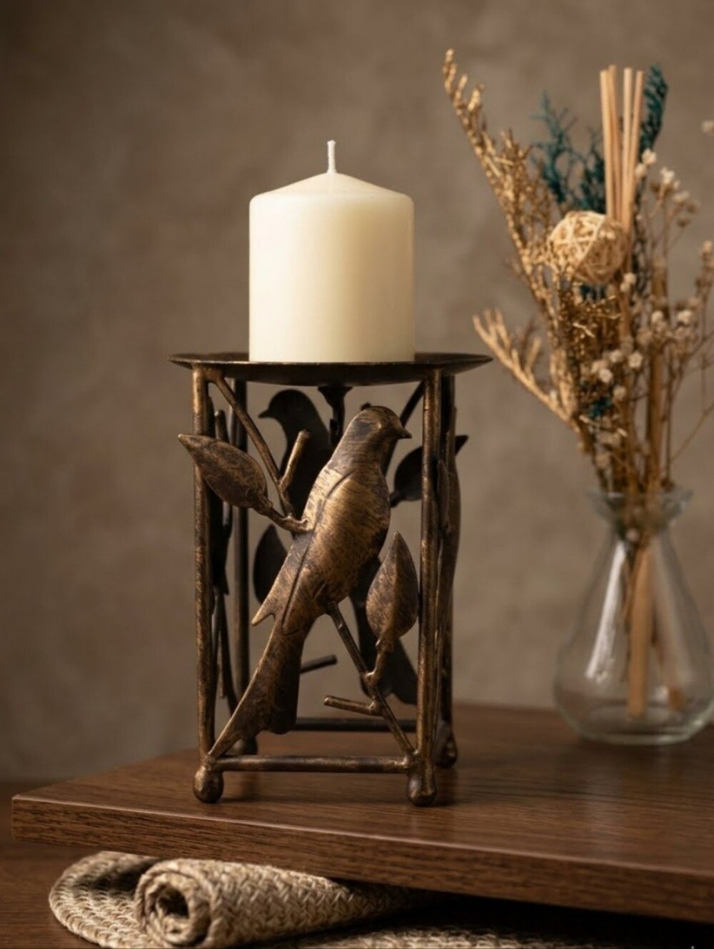 3 Wick Metal Candle Holder Antique Gold Tone Birds Perched on Branch.